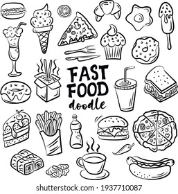 Set of hand drawn food isolated on white background, doodle set of fast food. Vector illustration