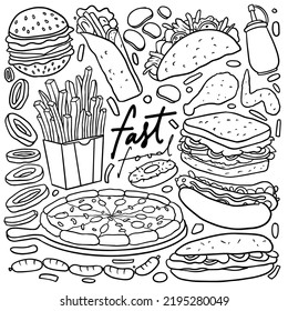 Set of hand drawn food isolated on white background, doodle set of fast food. Vector illustration