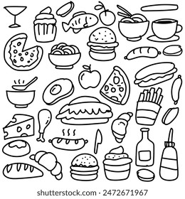 Set of hand drawn food isolated on white background, doodles set of fast food..