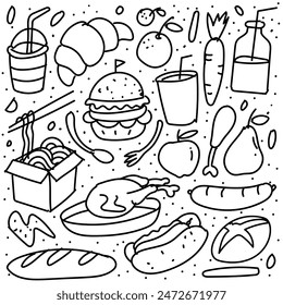 Set of hand drawn food isolated on white background