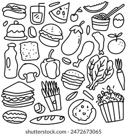 Set of hand drawn food isolated on white background, doodles set of fast food.