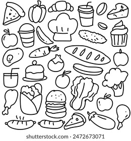 Set of hand drawn food isolated on white background, doodles set of fast food.