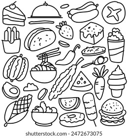 Set of hand drawn food isolated on white background, doodles set of fast food.