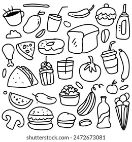 Set of hand drawn food isolated on white background, doodles set of fast food.