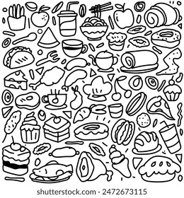Set of hand drawn food isolated on white background, doodles set of fast food.