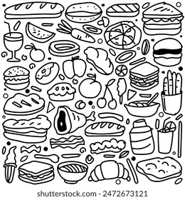 Set of hand drawn food isolated on white background, doodles set of fast food.