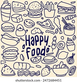 Set of hand drawn food isolated on white background, doodle set of fast food. Vector illustration