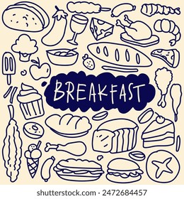 Set of hand drawn food isolated on white background, doodle set of fast food. Vector illustration