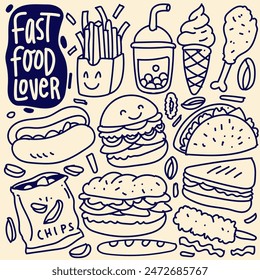 Set of hand drawn food isolated on retro background, doodle set of fast food. Vector illustration