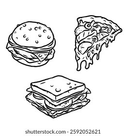 Set of hand drawn food isolated on white background, doodle set of fast food. Vector illustration