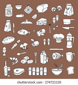 Set of hand drawn food, kitchen related items, vector illustration