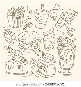 set of hand drawn, food and milkshake, stroke collection, coloring