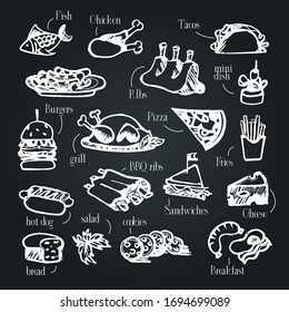 Set of hand drawn food on chalkboard background