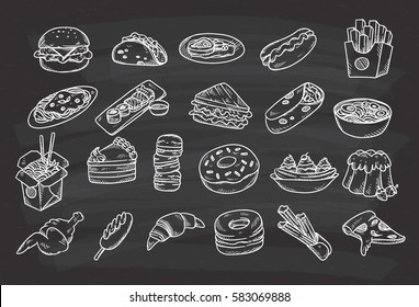 Set of hand drawn food on chalkboard background 