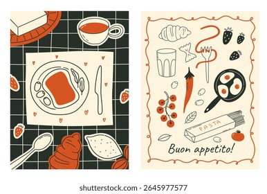 Conjunto de cartazes de comida desenhados à mão em estilo caprichado na moda. Desenhos de rabiscar de ovos, pimenta, tomates, massa, pão. Conceito de La dolce vita. Ilustrações de vetor de arte contemporânea