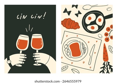 Conjunto de cartazes de comida desenhados à mão em estilo caprichado na moda. Desenhos de garatujas de mãos segurando copos de vinho. Jantar La dolce vita. Ilustrações de vetor de arte contemporânea