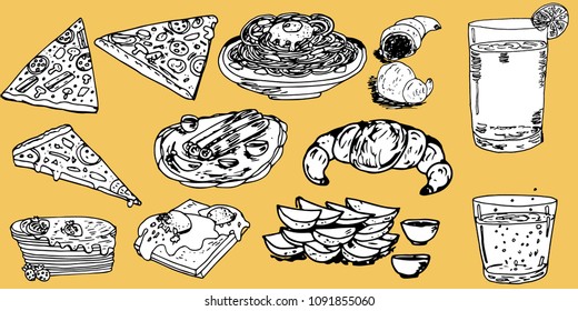 Set of hand drawn food: sausages, pasta, pizza, mineral water, eggs on toast, pancakes, croissants, potato, sketch for decoration cafe or restaurant, black and white isolated vector illustration
