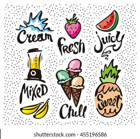 Set Of Hand Drawn Food Signs. Vector Illustrations Of Holiday With Calligraphy, Ice Cream, Tropical Fruits, Strawberry, Watermelon And Mixer For Decoration Summer Menu Restaurant, Bar And Kids Party.