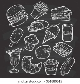 Set of hand drawn food and snack on chalkboard background