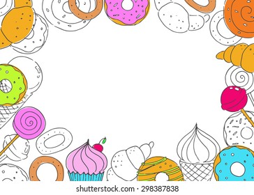 Set of hand drawn food sweets. Baking. Cake, donuts, croissants, muffins. Frame. Linear illustration.