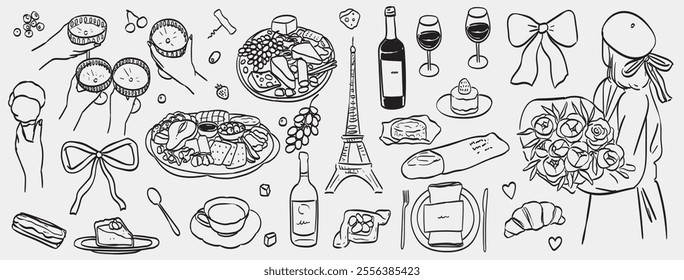 Set of hand drawn food and wine doodles. French cuisine food drawings. Desserts and beverages in french style for dinner, breakfast or brunch for cafe or restaurant menu, fliers, wedding invitations.