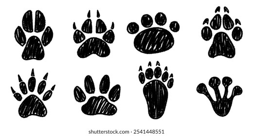 Set of hand drawn footprints in brush stroke texture paint style. Traces of animals. Wild animal feet silhouette.Vector chalk graphic elements