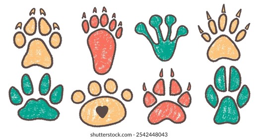 Set of hand drawn footprints in brush stroke texture paint style. Traces of animals. Wild animal feet silhouette.Vector chalk graphic elements