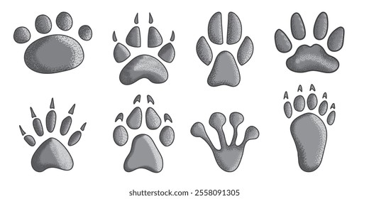 Set of hand drawn footprints in doodle style. Traces of animals. Wild animal feet silhouette.Vector graphic elements