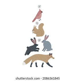 Set of hand drawn forest animals in Scandinavian style, isolated vector clip art