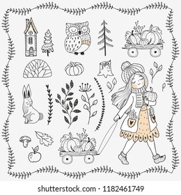 Set of hand drawn forest element. Autumn design scene. Girl with pumpkin , forest animals rabbit owl, house and trees. Hand drawn outline  design vector illustration.
