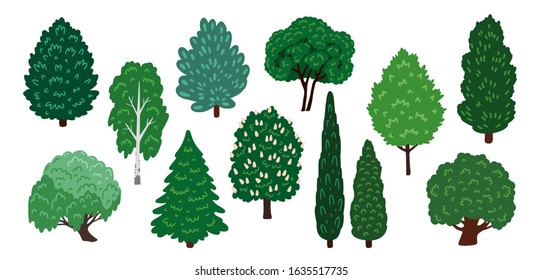 Set of hand drawn forest and park trees. Various cartoon design elements for woodland landscape. Vector flat illustrations, isolated on white background.