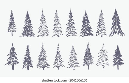 set of hand drawn forest trees (vector sketched silhouette)