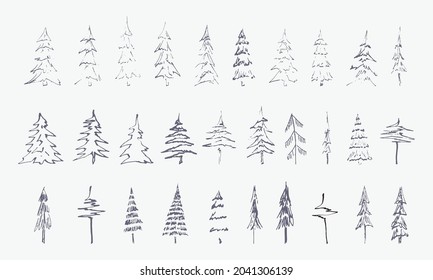 set of hand drawn forest trees (vector sketched silhouette)