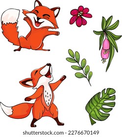 Set of hand drawn foxes, leaves and flowers. Cute cartoon fox laughs. Vector illustration isolated on white. For print, package, card, designers, clothes, interior, icon, logo