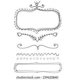 Set of hand drawn frame and dividers. Doodle vector design elements isolated on white background. 