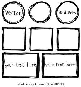 Set Of Hand Drawn Frame. Ink Illustration. Vector. Circle, Square, Rectangle.