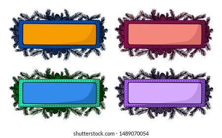 Set of hand drawn frame templates, labels or logos with coniferous branches and cones. Colored isolated copy space vector illustration on white background