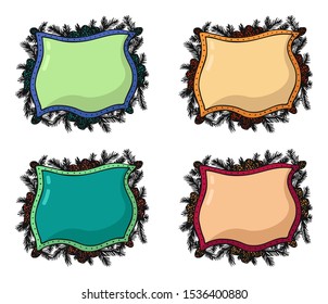 Set of hand drawn frame templates, labels or logos with coniferous branches and cones. Colored isolated copy space vector illustration on white background