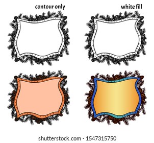 Set of hand drawn frame templates, labels or logos with coniferous branches and cones in different versions: contour only, white fill, color, gradient. Colored isolated copy space vector illustration