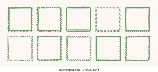 Set of hand drawn frames and borders with wave, curve lines, doodles, decorative patterns. Whimsical frames for holiday design, wedding, birthday party, greeting card, invitation. Vector illustration.