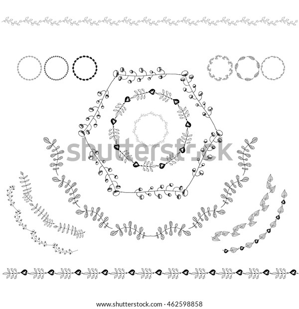Set of hand drawn frames and
borders . Floral doodles wreath. Isolated on a white
background.