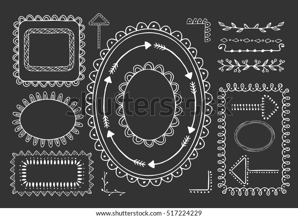 Set of hand drawn frames, borders and\
dividers. Vector. Isolated. Scrapbook\
elements.