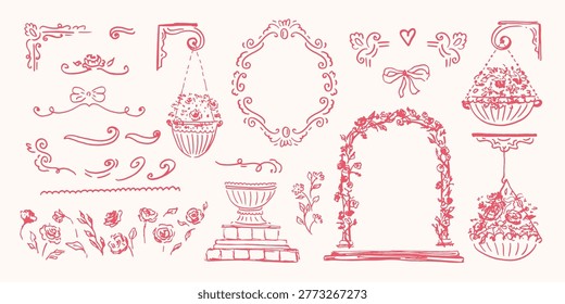 Set of hand drawn frames, flowers, pots, arch. Cottagecore botanical art. Retro vintage design. Archtecture classic, baroque elements.