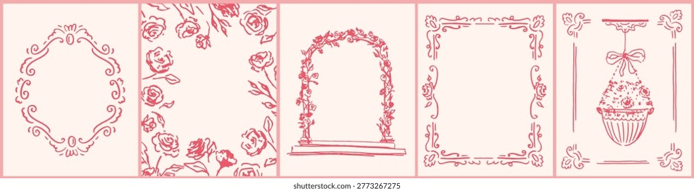 Set of hand drawn frames, flowers, pots, arch. Cottagecore botanical art. Retro vintage design. Archtecture classic, baroque elements.