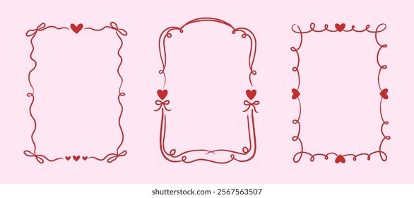 Set of hand drawn frames with hearts, bows and ribbons in doodle style. Trendy coquette borders for Valentine cards, wedding invitations, birthday cards, prints. Vector love concept illustration.