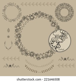 Set of hand drawn frames, laurels. Decorating for cards and wedding invitations. Decorative elements. Vector illustration. Web design and web sites