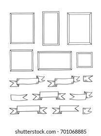 Set of hand drawn frames and ribbon banners.  Doodles, sketch, design elements. Black and white. Vector.