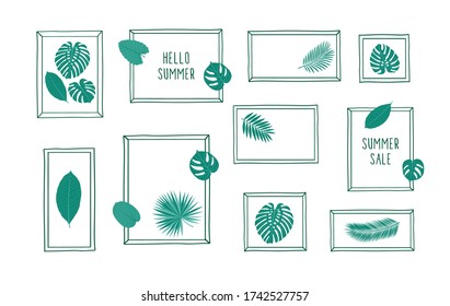 Set of hand drawn frames with summer tropical leaves. Sketch, design elements. Vector illustration.