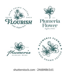 Set of Hand Drawn Frangipani or Plumeria Flower Logos, Floral Emblems Collection