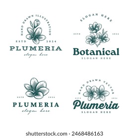 Set of Hand Drawn Frangipani or Plumeria Flower Logos, Floral Emblems Collection